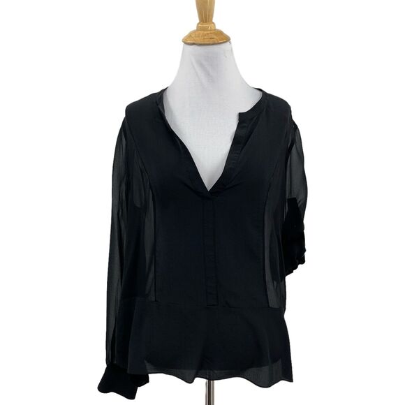 BCBGMaxazria Blouse Women M Medium Black Silk Semi Sheer Panel Tab Sleeve V Neck - Picture 1 of 13